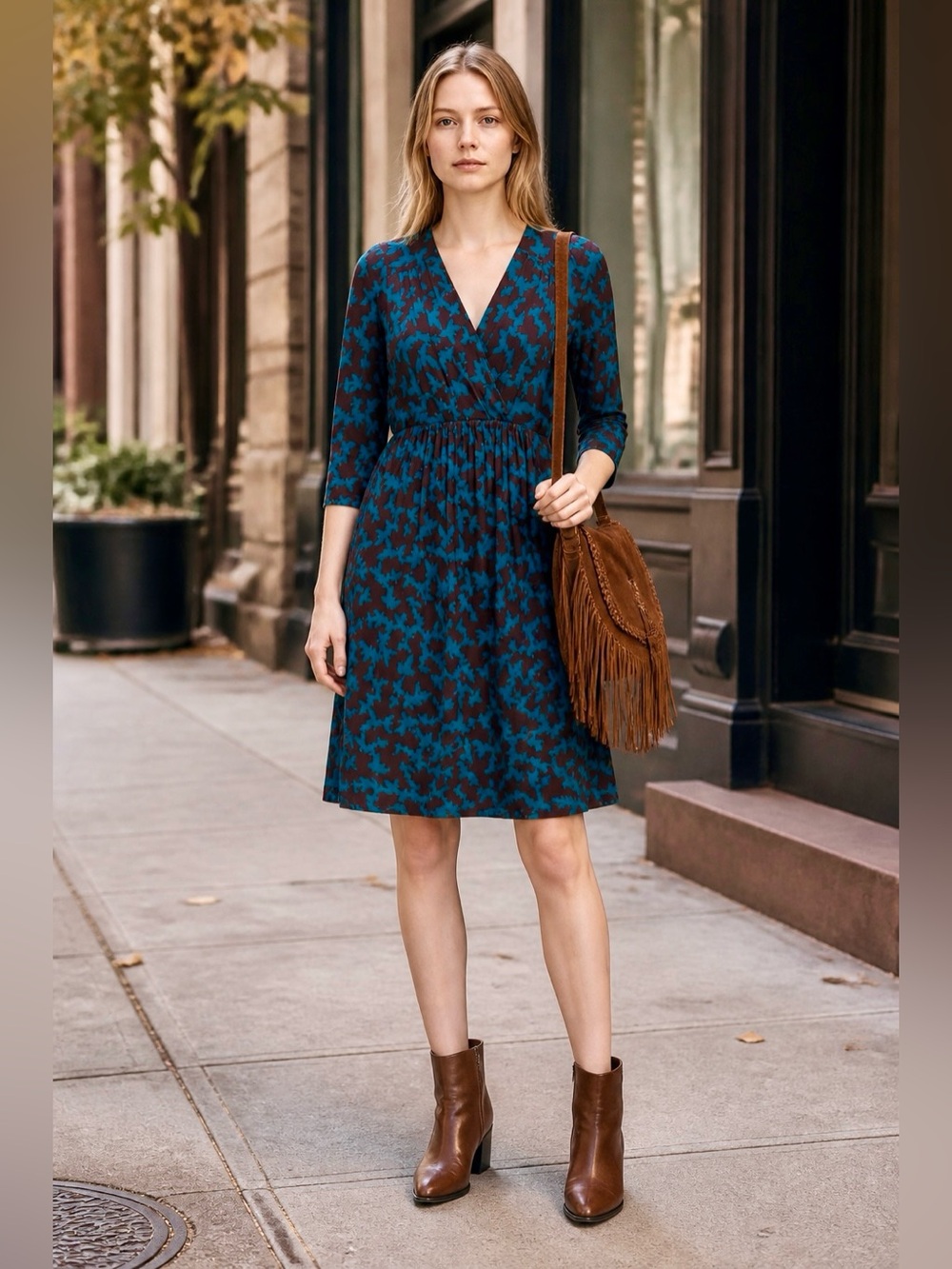 Boden Blue Floral Wrap-Style Midi Dress